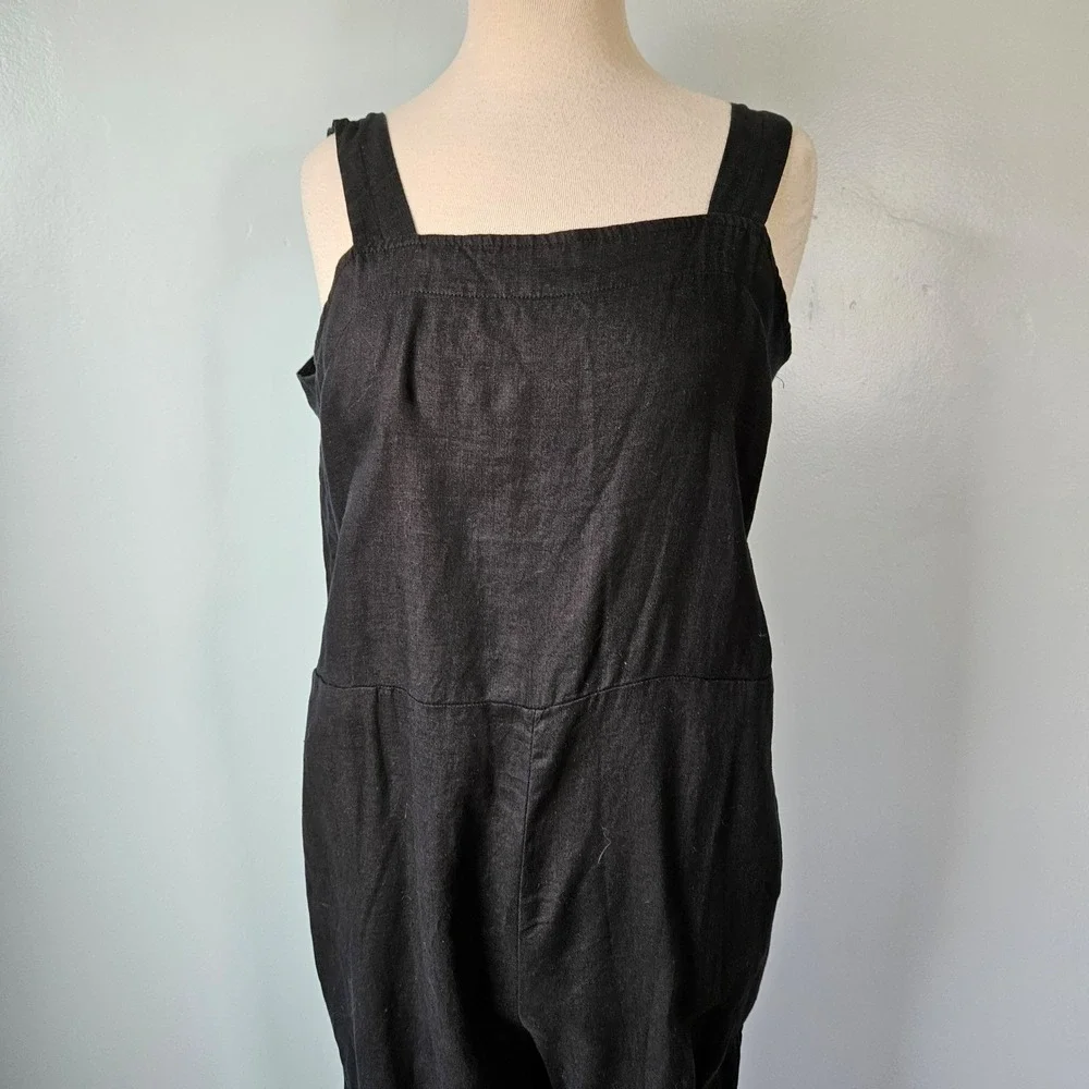 Quince Black Linen Square Neck Jumpsuit Wide Leg Sleeveless Pockets Large
